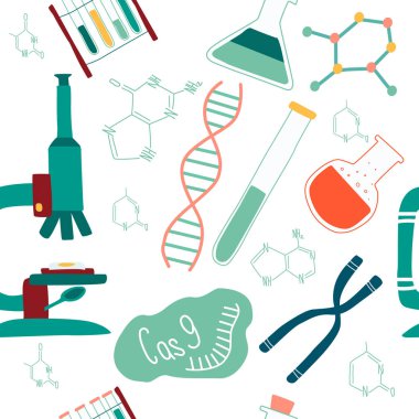 Genetik mühendisliği ve genom izole elementlerin sorunsuz desen sıralama: sarlis Dna, donör Dna, mikroskop, kromozom, test tüpleri, hücreler, cas9 Rna, nükleotidler, kitaplar. Vektör illustation