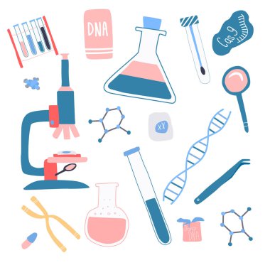 Genetik mühendisliği ve genom dizilimi izole elementler: sarlis Dna, donör Dna, mikroskop, kromozom, test tüpleri, hücreler, cas9 Rna, nükleotidler, kitaplar. vektör illüstrasyon
