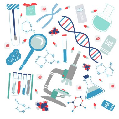 Genetik mühendisliği ve genom veya gen dizilimi izole elementler: sarlis Dna, donör Dna, mikroskop, kromozom, test tüpleri, hücreler, cas9 Rna, nükleotidler, kitaplar. vektör illüstrasyon