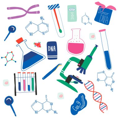 Genetik mühendisliği ve genom veya gen dizilimi izole elementler: sarlis Dna, donör Dna, mikroskop, kromozom, test tüpleri, hücreler, cas9 Rna, nükleotidler, kitaplar. vektör illüstrasyon 