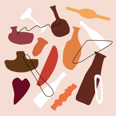 Vazo, şişe, şekil ve çizgilersoyut çağdaş seti. İskandinav tarzında el çizilmiş modern koleksiyon. İç, baskı, kart, afiş için vektör çizimi.