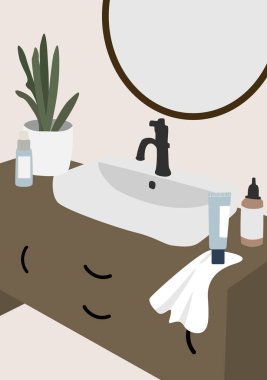 Trendy banyo iç. Ayna, lavabo, mikser musluk, çiçek, havlu, krem. Pastel Vektör Çizimi İskandinav veya minimalist tarzda. 