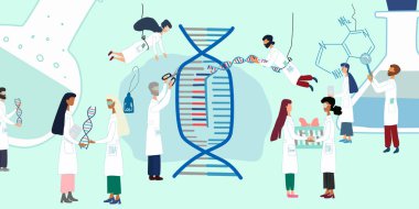 Scientists exploring by human genome project. CRISPR- Cas9. Genome sequencing, research, genetic engineering concept. Big set for  poster, article, banner, advertising clipart