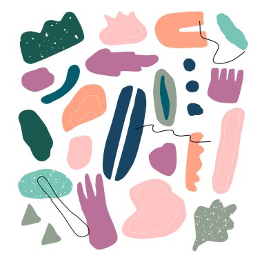 Çeşitli şekiller, nesneler, çizgiler, doku Soyut çağdaş trendy kümesi. El çizilmiş modern koleksiyon. iç, baskı, sepet, afiş için vektör illüstrasyon.