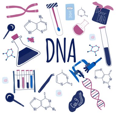 Genetik mühendisliği ve genom dizilimi izole elementler: sarlis Dna, mikroskop, kromozom, test tüpleri, hücreler, cas9 Rna, nükleotidler, Dna metni. Karikatür tarzında renkli vektör illüstrasyon