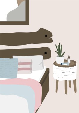 Yatak Odası Trendy iç tasarım. Yastıklı yatak, battaniye, başucu. İskandinav tarzında modern illüstrasyon. Çağdaş vektör baskı, kart, duvar kağıdı için yararlıdır.