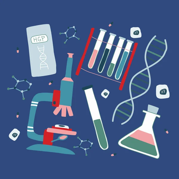 Genetik mühendisliği ve genom dizilimi düz izole elementler: sarlis Dna, mikroskop, kromozom, test tüpleri, hücreler, nükleotidler, kitap. vektör illüstrasyon.