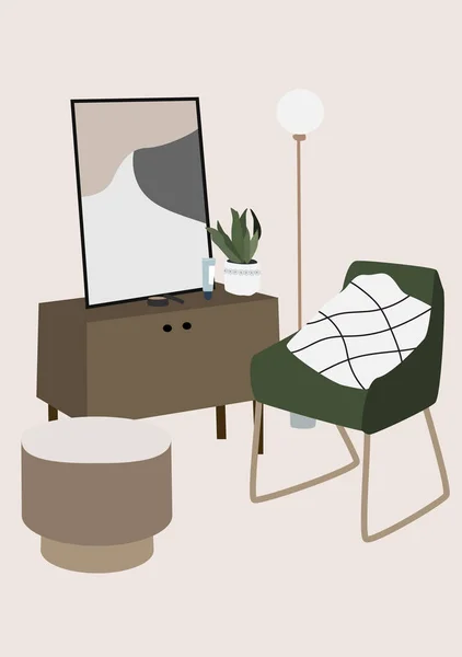 Современный интерьер мебели гостиной: кресло, лампа, картинка, цветок, стол. Модная векторная иллюстрация в скандинавском или минималистском стиле. Абстрактная композиция для печати, обои — стоковый вектор