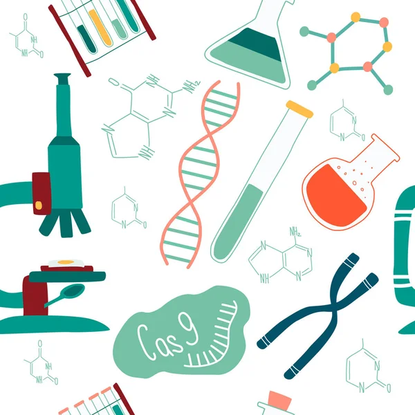 Genetik mühendisliği ve genom izole elementlerin sorunsuz desen sıralama: sarlis Dna, donör Dna, mikroskop, kromozom, test tüpleri, hücreler, cas9 Rna, nükleotidler, kitaplar. Vektör illustation