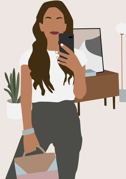 Illustrazione astratta con donna in abiti alla moda prendendo selfie. Interni moderni in stile scandinavo o minimalista. Vettore per interni, stampa, carta, carta da parati, decorazione, t-shirt, tote bag — Vettoriale Stock