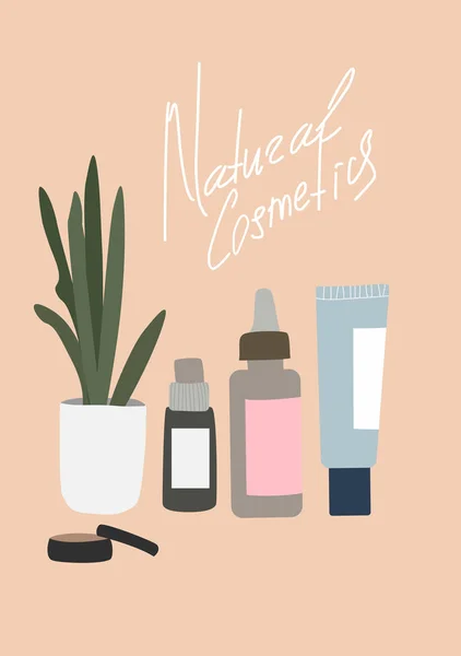 Conjunto de cosméticos naturais. Garrafas, creme, pó, flor na panela. Conceito de design, cartaz para cosméticos, salão de beleza e spa. cosmético para cuidados com o rosto. Ilustração vetorial . —  Vetores de Stock