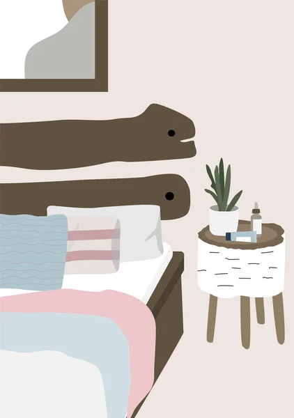 ベッドルームのトレンディなインテリアデザイン。ベッド(枕付)、毛布、ベッドサイドテーブルが備わります。スカンジナビアスタイルのモダンなイラスト。現代ベクトルは、印刷、カード、壁紙に便利です. — ストックベクタ