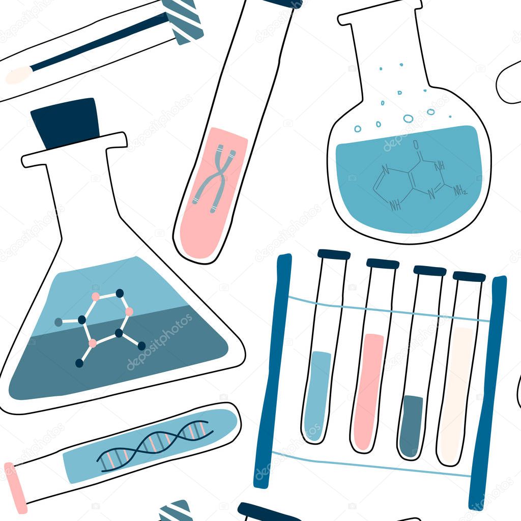 Genetic engineering and genome or gene sequencing seamless pattern with test tubes, cells, nucleotides, chromosome. Colorful hand drawn vector illustration of isolated elements. 
