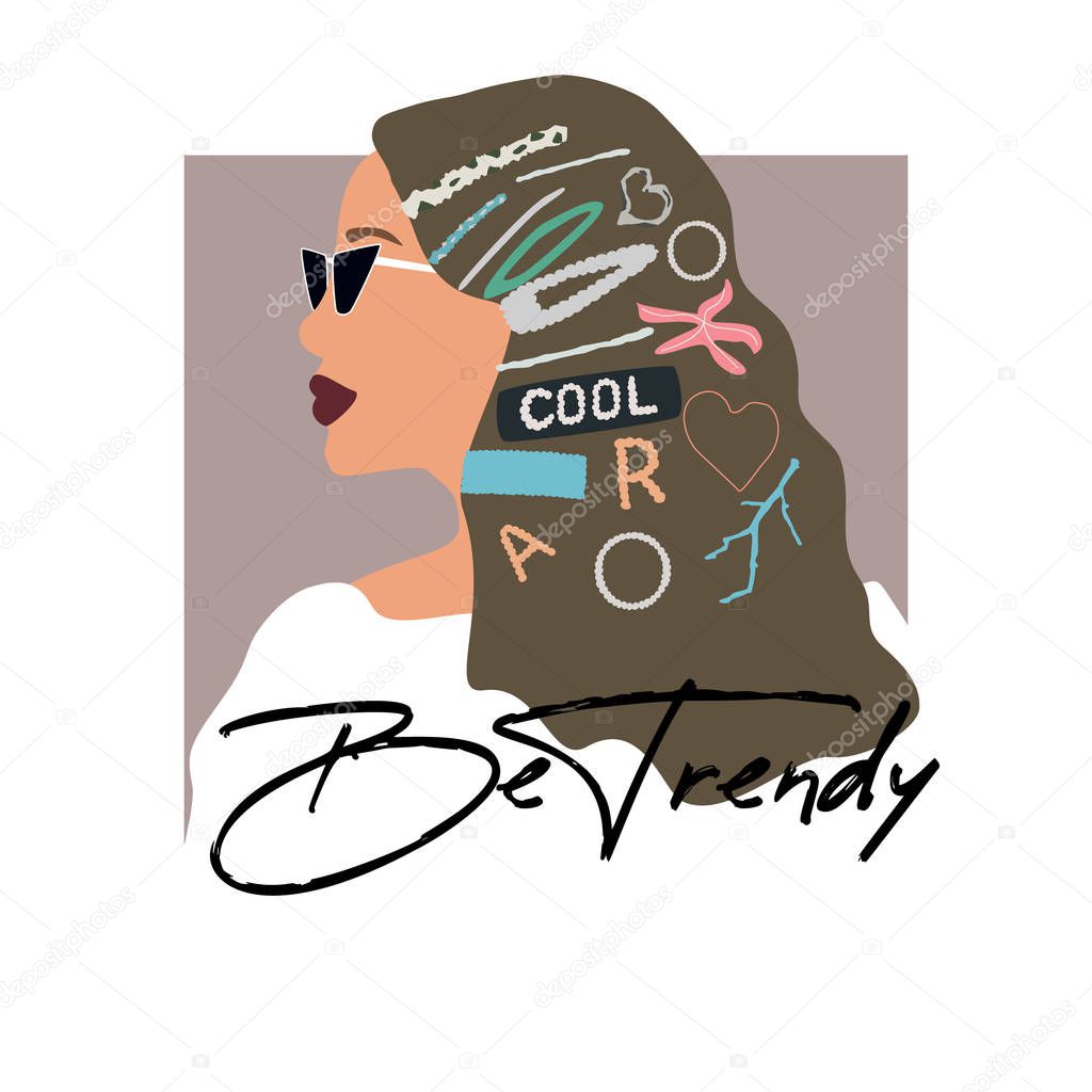 Fashion girl portrait  with trendy hairstyle. Stylish geometric hairpins and hair clips with pearls on hair. Be trendy text. Vector illustration for print, t-shirt design, poster, banner