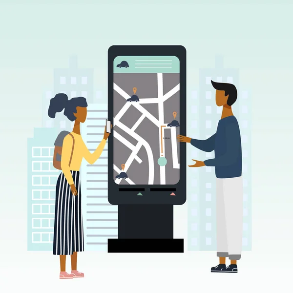 Man förklarar hur man använder mobil app för online car service. Smartphone med Map och geo-taggar. Stadslandskapet. Carsharing koncept för banner, bakgrund, webb, mobilapp, affisch. vektor illustration. — Stock vektor