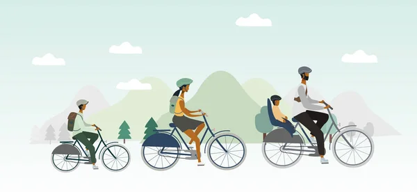 Giro in famiglia e viaggio in bicicletta. Genitori e bambini guidano una bicicletta tra montagne e alberi. Vettore di concetto di attività all'aperto per banner, web, app mobile, volantino, poster, stampa . — Vettoriale Stock