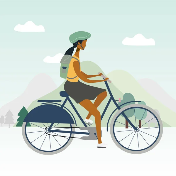 Femme ou fille de vélo dans le casque est à cheval par les montagnes. Concept de vélo plat élégant. Transport écologique. Illustration vectorielle pour bannière, web, application mobile, flyer, poster, impression, t-shirt . — Image vectorielle