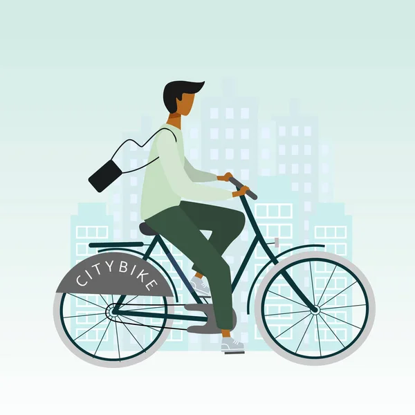Bicyclette homme ou garçon est à cheval dans la ville. Concept de vélo plat élégant. Transport écologique. Illustration vectorielle pour bannière, web, application mobile, flyer, poster, impression, t-shirt . — Image vectorielle