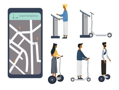 Scooter paylaşımı ya da kiralama konsepti. Kadın, erkekler e-scooter kullanıyor. Elektrikli scooter kira hizmeti uygulaması. Pankart, web, mobil uygulama, el ilanı, poster için düz vektör illüstrasyonu.