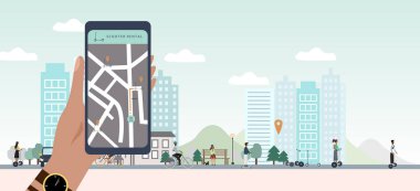 Scooter paylaşımı ya da kiralık konsept. City Eco ulaşım pankartı. Coğrafi etiketli elektrik kiralama yeri. Çevrimiçi e-scooter kira hizmeti uygulaması. Pankart, web, mobil uygulama, poster için düz vektör illüstrasyonu.