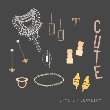Zarif mücevherler ve aksesuarlar koleksiyonu: kristaller, yüzükler, gelin, kolye, küpeler, mono küpeler, bilezikler. Yazdırma için stil vektörü, tüm elementler izole