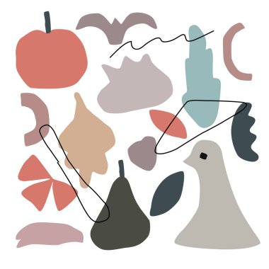 Soyut çağdaş moda baskısı. Elle çizilmiş modern meyve, yaprak, kuş, çizgi. Doğal tema. İç mekan, baskı, el arabası, pankart için vektör illüstrasyonu.