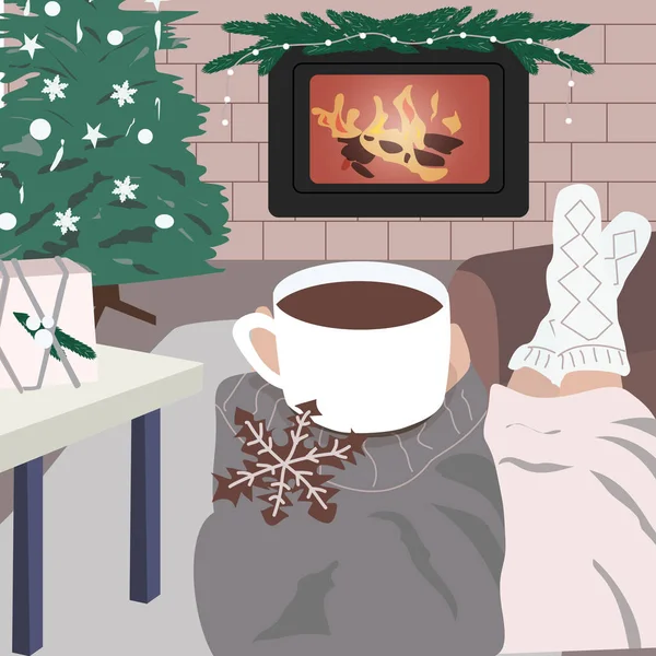 Hygge card with person near the hearth in warm sweater and socks. Enjoy moment with mug and hot drink. Cozy interior in trendy Scandinavian style. Christmas vector illustration print, poster, banner — Stock Vector