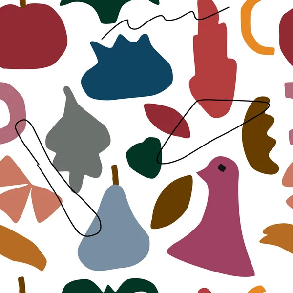 Abstract contemporary trendy seamless pattern. Ручной рисунок современного набора фруктов, листьев, птиц, линий. Естественная тема. Векторная иллюстрация для интерьера, печати, тележки, баннера . — стоковый вектор