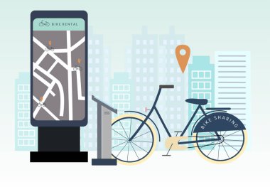 Bisiklet paylaşımı ya da kiralık konsept. Çevrimiçi bisiklet kiralama hizmeti uygulaması. Bisiklet kiralama yerinde. Pankart, web, mobil uygulama, el ilanı, poster için düz vektör illüstrasyonu.
