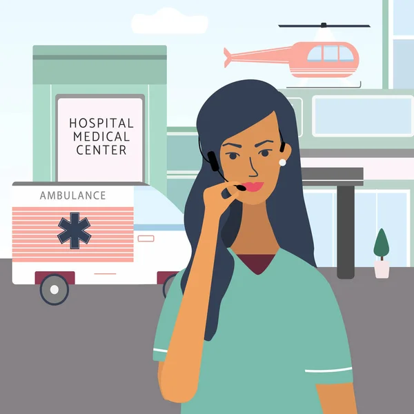 Call a doctor concept. Medical specialist with headset phone ready to give medical consultation and talking with patient 24 hour per 7. Flat vector for web, medical office, clinics, laboratory. — Stock Vector