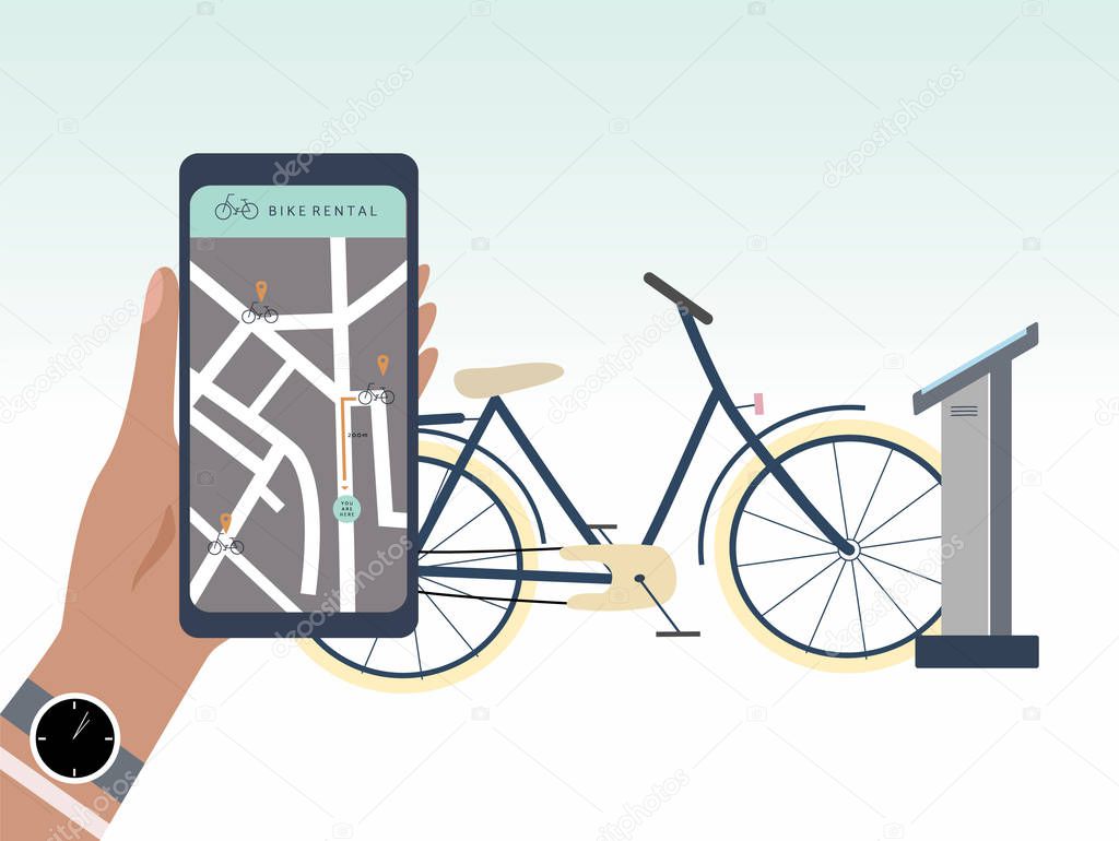 Bike sharing or rental concept. Online bicycle rent service. Hand with smartphone looking for bike to rent. Flat vector illustration for banner, web, mobile app, flyer, poster.