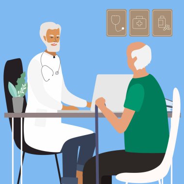 Doktor klinikteki yaşlı bir adamı muayene ediyor ve ona danışıyor. Yaşlı insanların doktor ve hastalarla ilgili tıbbi konseptleri. Düz biçimli renkli vektör illüstrasyonu
