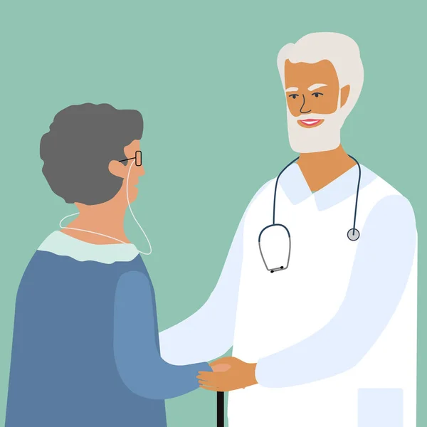 डॉक्टर एक बूढ़ी औरत का दौरा और परामर्श। डॉक्टर और रोगी के साथ बुजुर्ग लोगों की चिकित्सा अवधारणा की देखभाल। फ्लैट शैली में रंगीन वेक्टर चित्रण . — स्टॉक वेक्टर