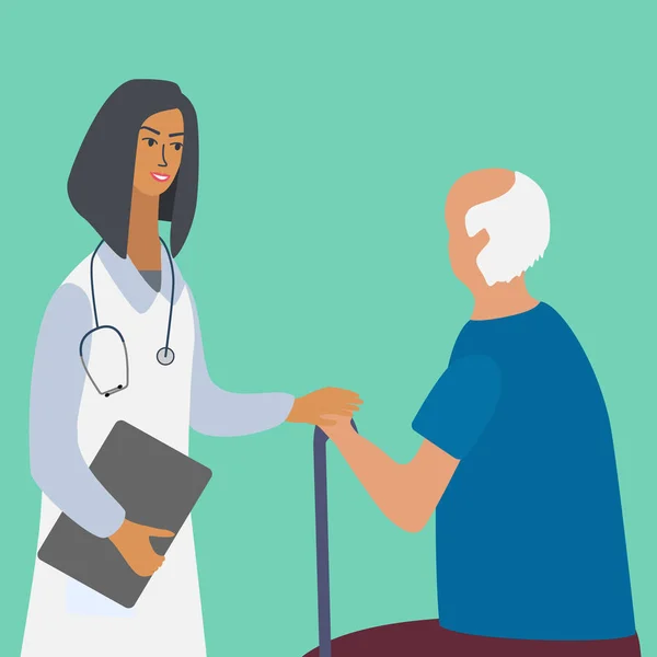 Doctor visiting and consulting an old man. Care of elderly people medical concept with doctor and patient. Colorful vector illustration in flat style — ストックベクタ