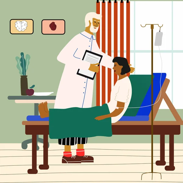 Γιατρός και ασθενής ιατρική έννοια. Γιατρός επισκέπτεται, συμβουλεύει και εξετάζει μια γυναίκα στο νοσοκομείο. Trendy πολύχρωμο διάνυσμα εικονογράφηση σε επίπεδο στυλ κινουμένων σχεδίων. — Διανυσματικό Αρχείο