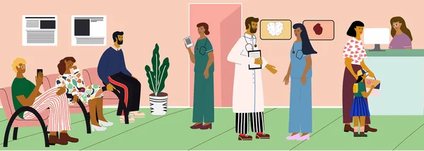 Médecins et patients à l'hôpital. Des gens en file d'attente. Femme avec enfant à la réception. Les médecins discutent. Illustration vectorielle de concept dans le style dessin animé. Bannière médicale — Image vectorielle