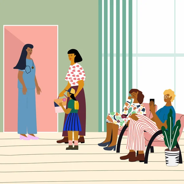 Медична концепція доктора і пацієнта. Пацієнти сидять в черзі і чекають на зустріч. Лікарі запрошують жінку з дитиною. Модні барвисті векторні ілюстрації в стилі плоский мультфільм . — стоковий вектор