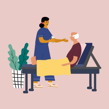 Ev sağlık hizmeti konsepti. Hemşire bakımı ve evinde yaşlı bir yetişkine destek olmak. Tıp çalışanı yaşlı hastaya suyla birlikte bir hap veriyor. Renkli düz vektör illüstrasyonu