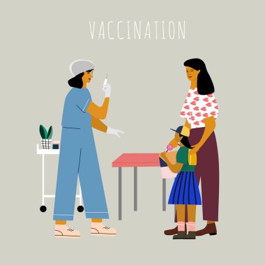 Çocuk aşılama ve aşılama konsepti. Çocuklu anne aşı aşısı yapacak. Şırıngalı doktor çocuk aşısı yapmaya hazır. Düz renkli vektör çizimi.