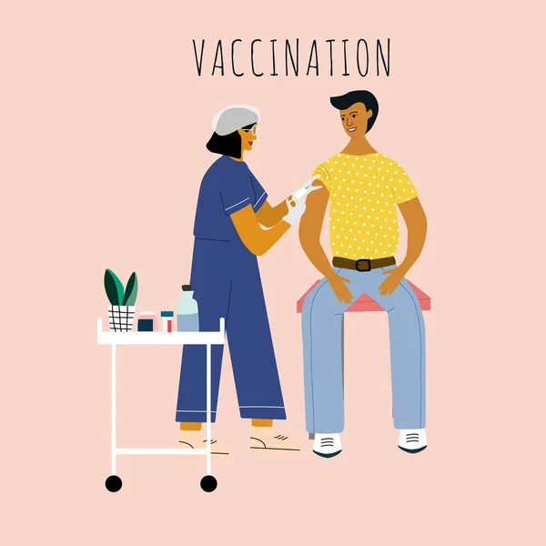 Vaccination et immunisation des enfants concept. Un enfant à genoux va faire une injection de vaccin. Médecin pédiatre avec seringue, gants vaccinant un enfant. Illustration vectorielle colorée plate . — Image vectorielle