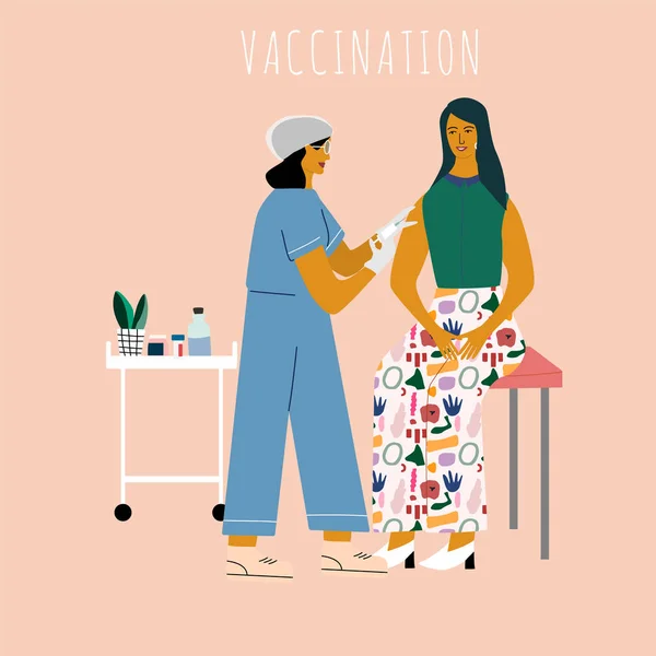 Impf- und Immunisierungskonzept. Frauen machen eine Grippeimpfung. Arzt mit Spritze und Handschuhen beim Impfen einer Frau im medizinischen Labor. flache Trendyl-Vektor-Illustration — Stockvektor