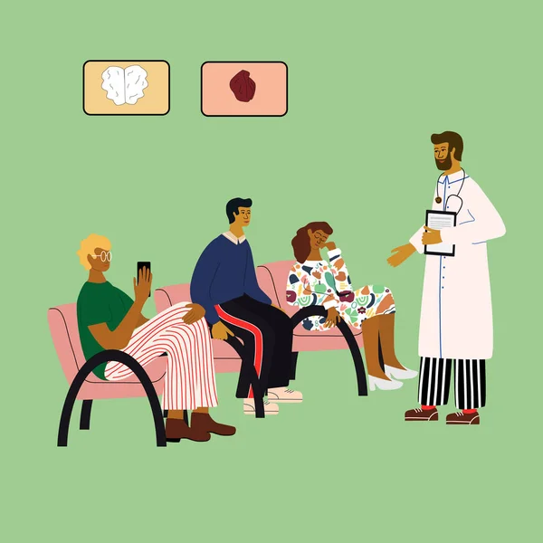 Concept médical médecin et patient. Patients assis en file d'attente et en attente de rendez-vous. Les médecins invitent un homme. Illustration vectorielle colorée tendance dans un style de dessin animé plat . — Image vectorielle