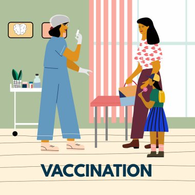 Çocuk aşılama ve aşılama konsepti. Çocuklu anne aşı aşısı yapacak. Şırıngalı çocuk doktoru bir çocuğu aşılamaya hazır. Düz renkli vektör çizimi.