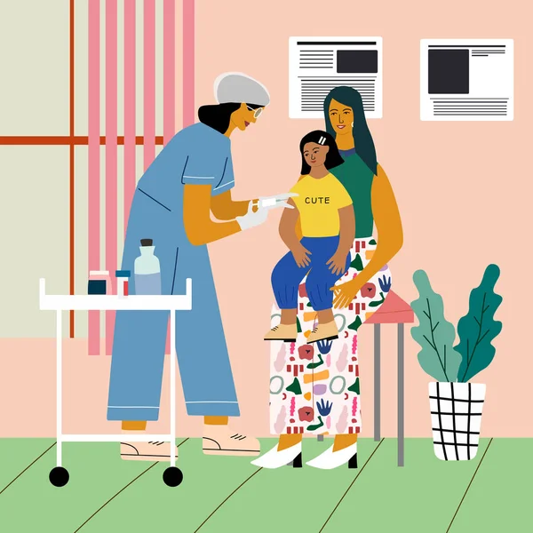 Vaccination et immunisation des enfants concept. Médecin pédiatre avec seringue et gants vaccinant une enfant fille assise sur les genoux de sa mère. Illustration vectorielle colorée plate . — Image vectorielle