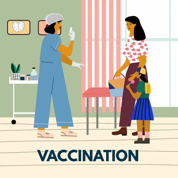 Impf- und Impfkonzept für Kinder. Mutter mit Kind wird eine Impfstoffspritze machen. Kinderarzt mit Spritze bereit, ein Kind zu impfen. flache bunte Vektor-Illustration. — Stockvektor