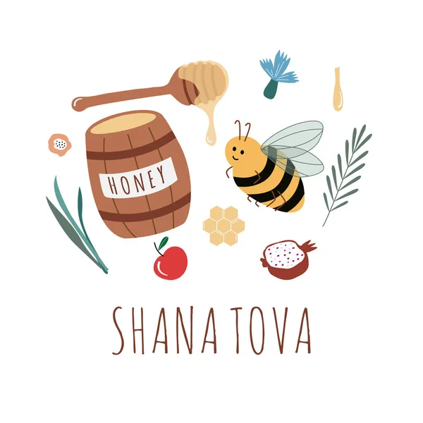 Rosh Hashanah gratulationskort. Judisk nyårshelg vykort. Glad Shana Tova mall för inbjudningar. Söt tecknad vektor illustration med honung, äpplen, blommor, burkar, granatäpple. — Stock vektor