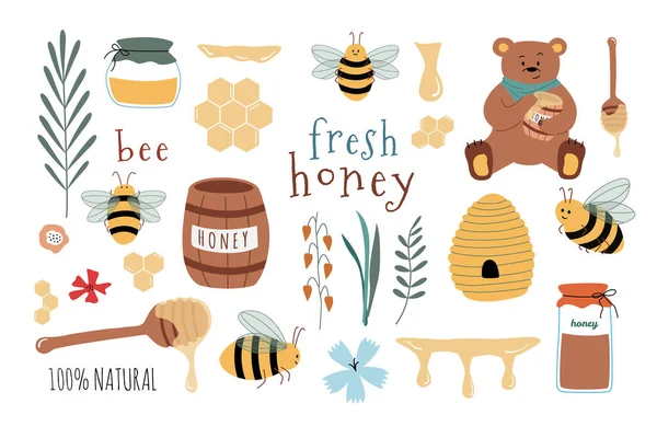 Набор иконок мультфильмов: пчелы, свежий мед, банки, медовая ложка, цветы, медведь, соты. Полезно для оформления органических продуктов, листовок, бэкграундов. Ручной рисунок вектора. Изолированный на заднем плане — стоковый вектор