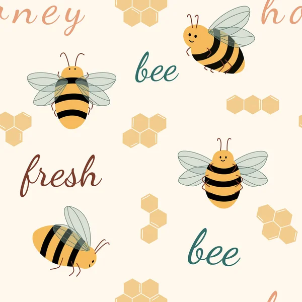 Sömlöst mönster med bin, fräsch text och bikaka i söt tecknad stil. Handritad vektor illustration. Användbar för förpackningsdesign av ekologiska produkter, flygblad, bakgrunder, banderoller, omslagspapper — Stock vektor