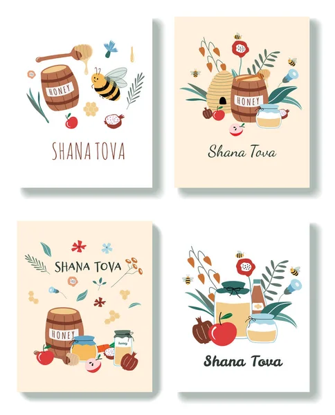 Набор поздравительных открыток от Рош Ха-Шана. Еврейские новогодние открытки. Счастливая Шана Това искушает приглашениями. Симпатичные векторные иллюстрации с медом, яблоками, цветами, банками, гранатами . — стоковый вектор