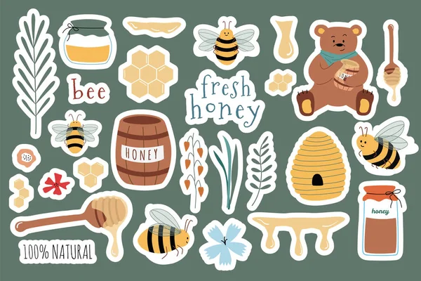 Conjunto de pegatinas de dibujos animados: abejas, miel fresca, tarros, cuchara de miel, flores, oso, panal. Útil para el diseño de productos orgánicos, volantes, fondos. Ilustración vectorial dibujada a mano. Objetos aislados — Vector de stock